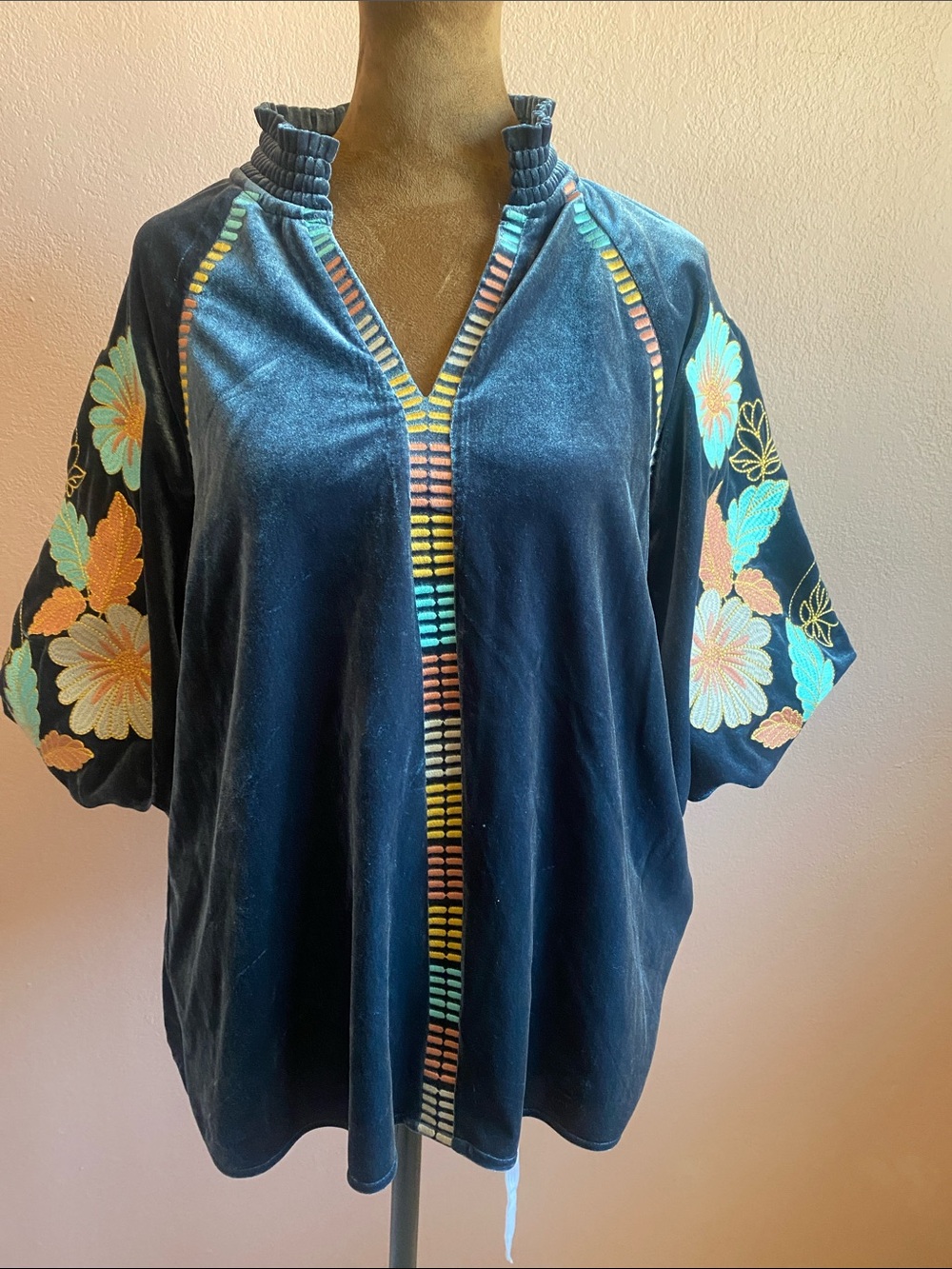 THML Navy Velvet Tunic with Multicolor Embroidery